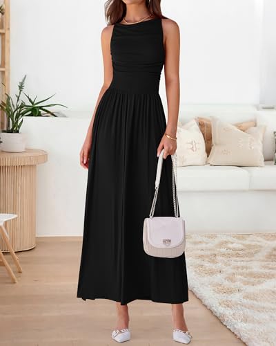 BTFBM Women Casual Dress 2025 Summer Sleeveless Ruched Maxi Dresses Boat Neck High Waist Lightweight Tank Dress Pockets2