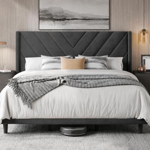 Image of Yaheetech King Bed Frame Upholstered Platform Bed /Wooden Slat Support /Tufted Headboard with Wing Side /Mattress Foundation /No Box Spring Needed,Dark Gray King