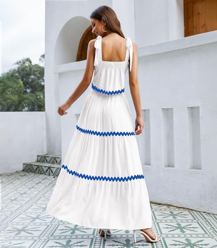 Image of Womens Two Piece Skirt Set 2024 Summer Sets Tie Up Sleeveless Tank Top Maxi Skirt Casual Beach Cruise Vacation Dresses Sundresses Outfits with Pockets White
