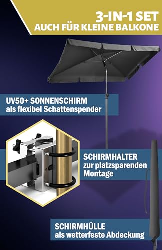 Menz Sonnenschirm Balkon - 3-IN-1 SET - UV50+ Sonnenschirm rechteckig 200x125 cm + Sonnenschirmhalter Balkongeländer + Sonnenschirmhülle - Sonnenschutz Balkon, Anthrazit 6