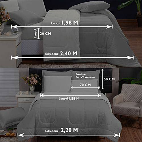 Kit Edredom Queen Jogo de Cama 100% Algodão 200 fios (Cinza e Branco)