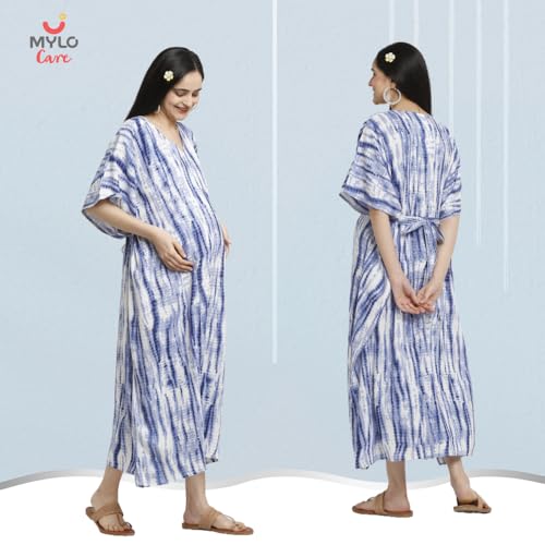 Image of Maternity Dress for Women with Breastfeeding Zippers | Kaftan Dress | Adjustable Belt for Growing Belly | Feeding Dress for Pre & Post Pregnancy