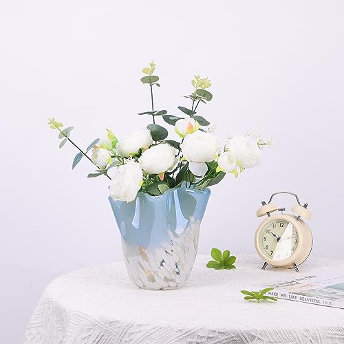 Vaso de vidro soprado à mão, vaso de vidro exclusivo, vaso de boca larga de vidro azul, vaso de vidr