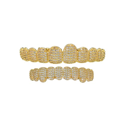 18K Gold Plated Grillz Hip Hop Teeth Grillz 10 Top & 10 Bottom Iced Out Diamond Grills for Your Teeth Grills for Men and Women Rapper Costume
