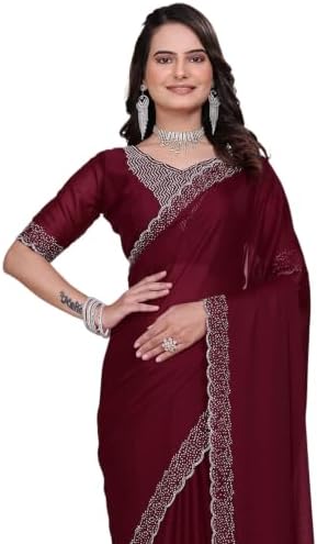 SIRIL Women's Georgette Hot Fixing Stone Work Saree with Unstitched Blouse Piece