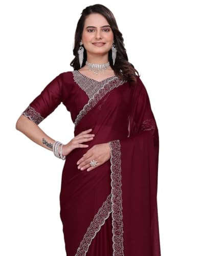 Image of SIRIL Women's Georgette Hot Fixing Stone Work Saree with Unstitched Blouse Piece