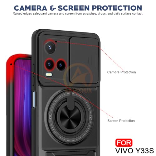 Image of Vivo Y33S Back Cover | Armor Camera Slider 360 Degree Rotating Finger Ring Holder Case with Bracket Stand Back Case Cover (Compatible with MagSafe Accessories) (Black)