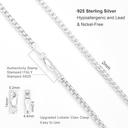 nometo Solid 925 Sterling Silver Box Chain Rope Chain Lobster Clasp Silver Chain for Men Silver Necklace Chain for Women 16/18/20/22/24/26/30 Inches3
