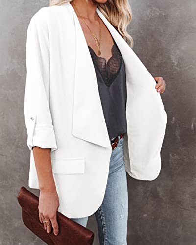 Womens Casual Blazer Jackets Roll Up Long Sleeve Open Front Work Office Business Blazers with Pockets White3