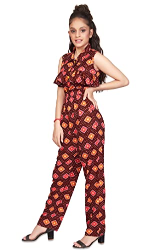 Image of Jwalin Girls Front Button Ruffle Pattern Maxi Jumpsuit(Brown 13-14 Years)