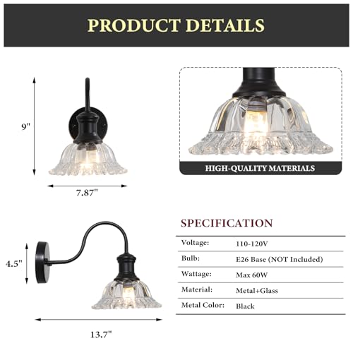 Image of Bathroom Vanity Lights 2 Pack, Black Wall Sconce with Pressed Patterned Glass Lampshade, Farmhouse Wall Light Fixtures for Bathroom, Bedroom, Living Room, Entryway