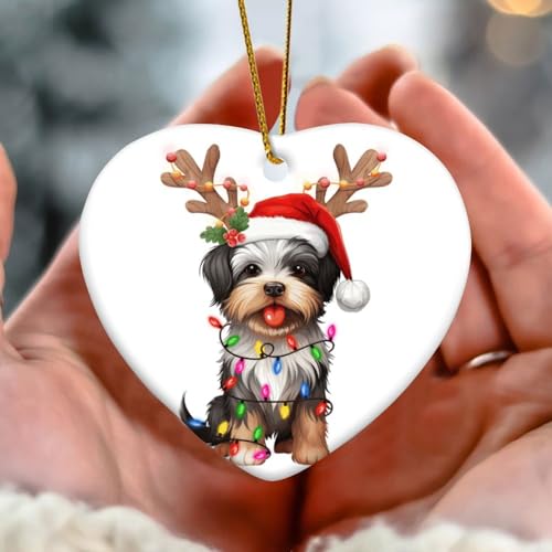 Biewer Terrier mit Geweih Christbaumschmuck Hund Rasse Hund Kind Tier Herz Porzellan Anhänger Keramik Porzellan Hängende Weihnachtskugel Geschenk für Xmas Party Dekorationen