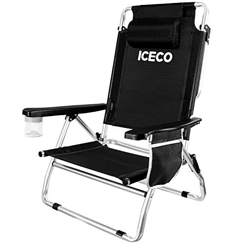ICECO Beach Chairs for Adult, 5-Position Lay Down Folding Aluminium Camping Chair Durable Lightweight Portable with Cup Holder Storage Bag for Men Women Outdoor Beach Picnic Hiking