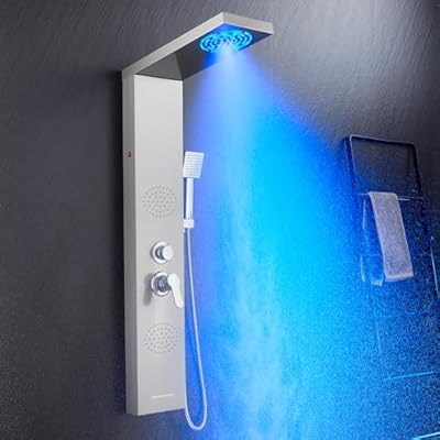 POPFLY 5 IN 1 LED Shower Panel Tower System with Mist?Rain System, Bathroom Stainless Steel Shower Panels Column with Tub Spout, 2 Full Body Massage Jets, Brushed Nickel Wall Mount Shower Tower