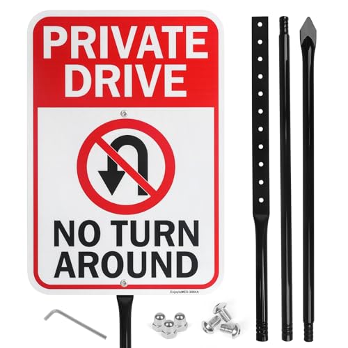 Large Private Drive No Turn Around Sign with 54 Metal Stake 17x 12 .040 Aluminum Sign - Reflective UV Protected and Weatherproof