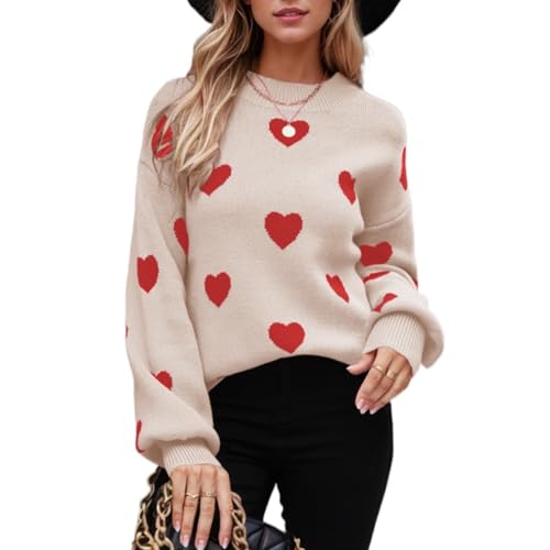 Image of Women's Valentines Pullover Sweaters Cute Hearts Long Sleeve Crewneck Knitted Y2k Sweaters Kawaii Aesthetic Clothes
