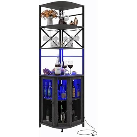 Aufvolr Wine Bar Cabinet with Power Outlet, 6-Tiers Industrial Wine Cabinet with LED Light and Glass Holder, Corner Bar Cabinet with Adjustable Shelf and Mesh Door, Liquor Cabinet Bar for Home Cover