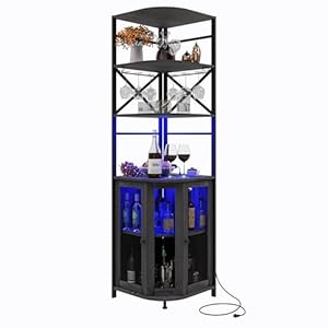 Wine Bar Cabinet with Power Outlet, 6-Tiers Industrial Wine Cabinet with LED Light and Glass Holder, Corner Bar Cabinet with Adjustable Shelf and Mesh Door, Liquor Cabinet Bar for Home