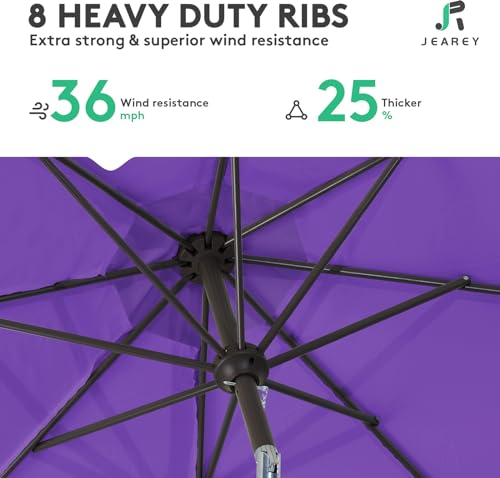 Image of JEAREY 9FT Outdoor Patio Umbrella Outdoor Table Umbrella with Push Button Tilt and Crank, Market Umbrella 8 Sturdy Ribs UV Protection Waterproof for Garden, Deck, Backyard, Pool (Dark Purple)
