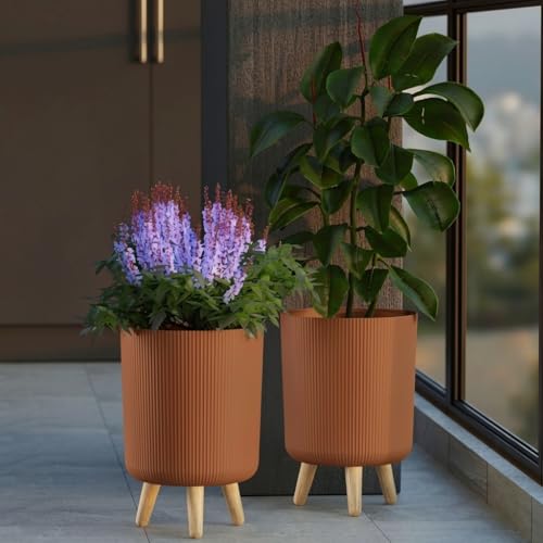 Image of StyleX Store Modern Flower Pot with Plastic Legs | Indoor Outdoor Planter for Home Garden Balcony Decor Ribbed Design Sturdy Plastic Mid-Century Style (Wood Brown Pack of 2)
