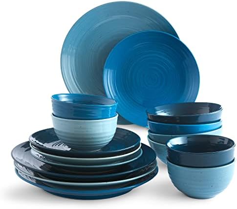 Sango Siterra 16-Piece Stoneware Dinnerware Set with Round Plates and Bowls (Ocean, Casual)