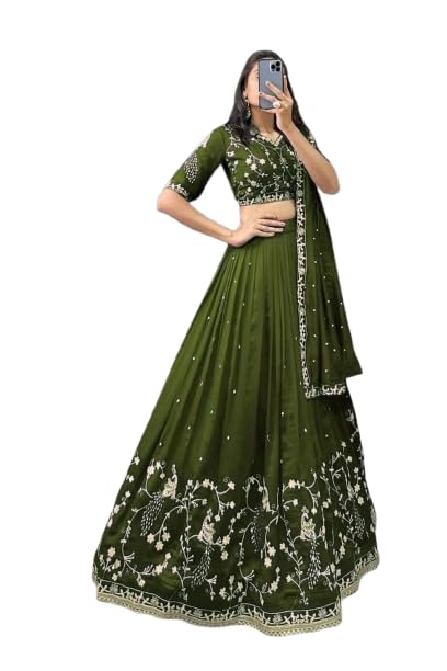 piludi Women's Embroidered Vichitra Silk Lehenga Choli Dupatta Set Semi-Stitched Blouse and Fit & Flare Style-picture-18