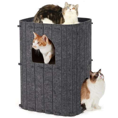 FUKUMARU Cat House for Indoor Cats, 23.62 Inch Large Cat Bed Cave Condo, 2-Storey Cozy Felt Covered Cats Tunnel Kitten Hideaway for Multicats, Scratch Resistant, Beige