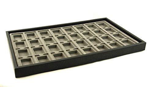 Svart stapelbar displaybricka i plast med val av grå flockad insats – butiksställ, smyckesmonter organiserare, förvaringshållare (bricka med 32 puff vadderingar)
