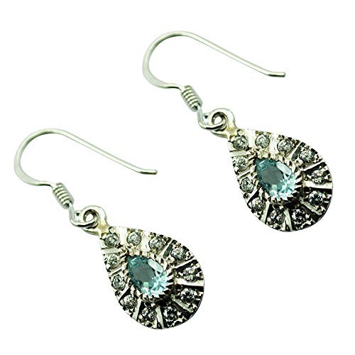 Topaze bleue boucles d'oreilles pendantes en argent massif 925 de créateur faites main