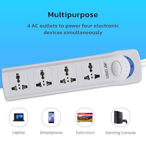 Image of Ant Esports PS400 Power Strips with 4 Universal Socket, 3-Meter-Long Cord, 2500-Watt, Fireproof Material, Heavy Duty Cable Overload Protection, Extension Cord for Home /Office Appliances - White