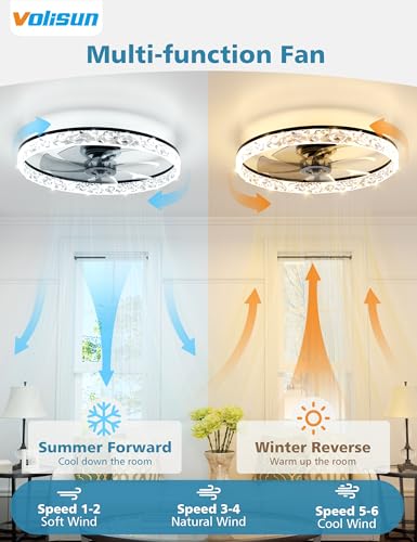 Image of VOLISUN Low Profile Ceiling Fan with Lights and Remote, No Assembly, 24in Modern Ceiling Fans Flush Mount, 3000K-6500K Dimmable Bladeless LED Fan Light, Black Fandelier Ceiling Fans for Bedroom