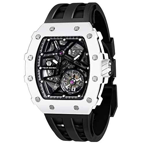 Image of TSAR BOMBA Men's Automatic Watch Tonneau Luxury Skeleton Watches for Men Mechanical 50M Waterproof Analogue Watches Mens Unique Cool Square Big Face Dial Wristwatch with Silicone Strap Band