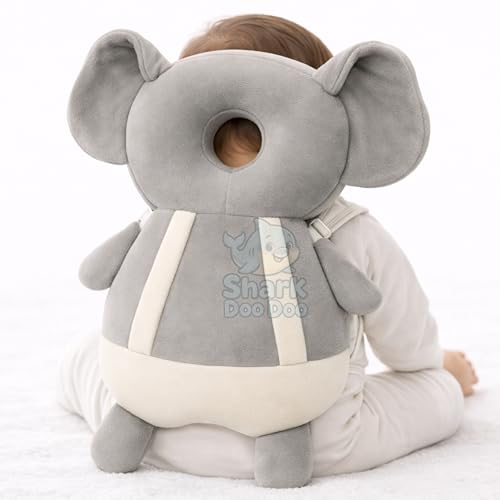 Image of Shark Doo Doo Baby Head Protector Cushion for 6-24 Months | Soft Plush Safety Backpack for Toddlers | Adjustable Straps, Anti-Fall Pillow for Infants (Elephant)