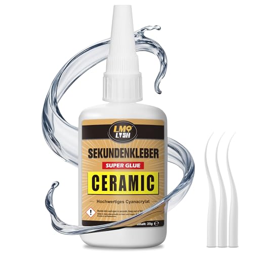 Sekundenkleber extra stark für Keramik und Porzellan 25g, Wasserfester und hitzebeständiger Porzellankleber, Keramikkleber mit Anti-Verstopfungskappe, Cyanacrylat(CA) Sekundenkleber für Keramik