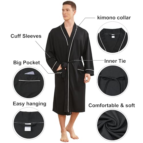 Image of Mens Lightweight Robe, Knit Kimono Bathrobe Spa Sleepwear Soft Knee Length Robe With Pockets