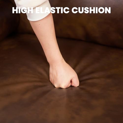 Image of Vesgantti 100 inch Faux Leather Sofa with Movable Ottoman, Wide Seating L Shaped PU Leather Couch with Side Pocket, Comfy Mid Century Modern Modular Sectional Sofa for Living Room, Office, Cocoa