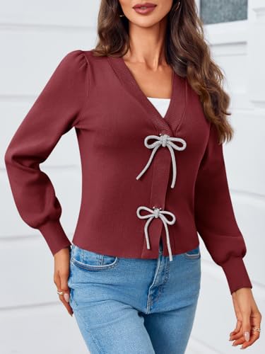 Image of Saodimallsu Womens Bow Button Front Cardigan Sweaters V Neck Cropped Knit Sweater