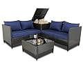 BPTD Patio Furniture Set Outdoor Furniture Set Sectional Sofa Couch PE Wicker Conversation Sets with Storage Box Glass Top Table for Balcony Lawn and Garden ? (Expresso-Navy Blue, Couch)