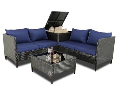 BPTD Patio Furniture Set Outdoor Furniture Set Sectional Sofa Couch PE Wicker Conversation Sets with Storage Box Glass Top Table for Balcony Lawn and Garden ? (Expresso-Navy Blue, Couch)