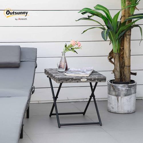 Outsunny Folding Rattan Garden Coffee Table, Small Square Outdoor Bistro Side Table with Rattan Top for Patio, Balcony, Porch, 40 x 40 x 40 cm, Grey
