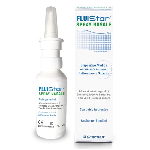 Fluistar Spray Nasale, Coadiuvante in caso di raffreddore e sinusite, Con estratti vegetali Acqua di mare in soluzione Ipertonica e Acido Ialuronico, Anche per Bambini, Flacone multidose da 50 ml