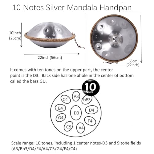 Tambor handpan acero 10 notas 22 pulg D menor plateado miniatura 2