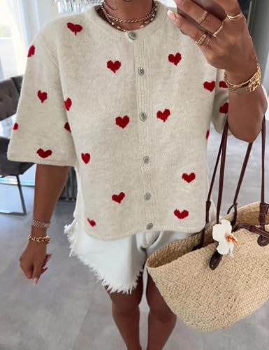 Springrain Womens Lightweight Short Sleeve Cardigan Button down Cropped Cute Heart Sweaters Knitwear4
