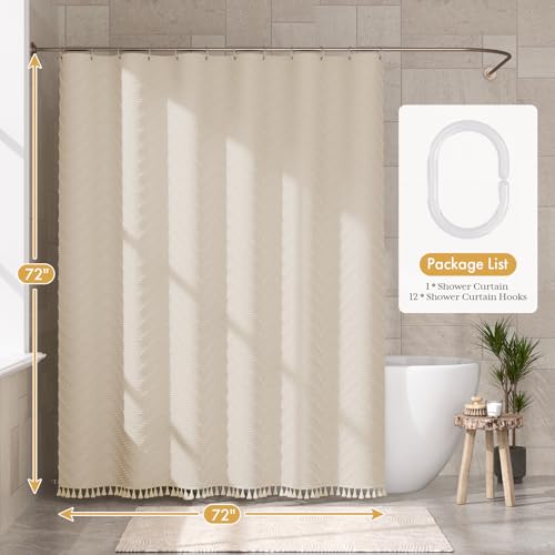 Image of AmazerBath Boho Farmhouse Shower Curtain with Tassels, Beige Shower Curtain Set Fabric, Soft Cloth Chevron Rustic Shower Curtain with Hooks, Hotel Quality, 72x72 Inches