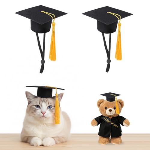 Mini Graduation Caps with Gold Tassel 2 Pack Black Mini Graduation Caps Small Animal Bachelor Hats for Adjustable Pet Graduation Photo Props Cat Dog Holiday Costume Accessories