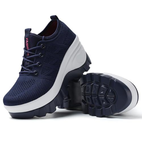 Image of Women's Chunky Platform Comfort Orthopedic Wedge Walking Shoes Fashion Knitted Breathable Lace Up Lug Sole Casual Non-Slip Running Shoes with Arch Support