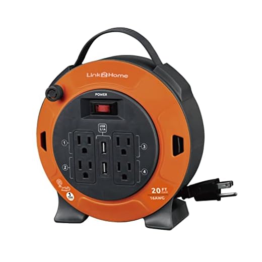 Link2Home Cord Reel 20 ft. Extension Cord 4 Power Outlets, 2 USB Ports, ON OFF Switch 2.1A Fast Charge – 16 AWG SJT Cable.