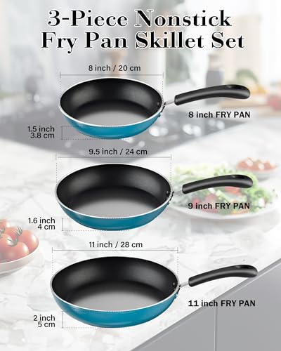 Cook N Home Nonstick Frying Pans Set 3 Piece, 8, 9.5, 11-Inch Kitchen Cooking Skillets Saute Fry Pan Induction Compatible, Turquoise - Thumbnail 2
