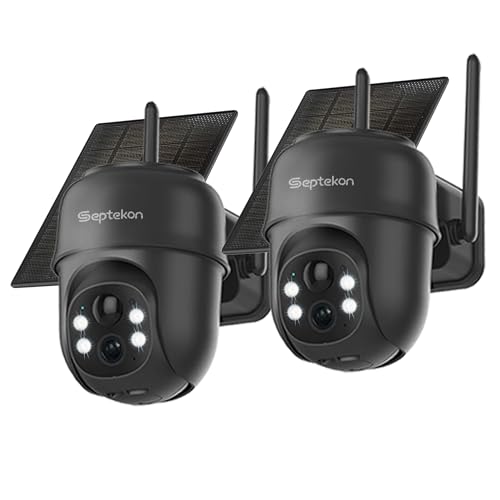 Septekon 2K Solar Security Cameras Wireless Outdoor 2 Pack, 360°PTZ Battery Powered Outdoor Camera, 2.4G WiFi Camera with Spotlight Color Night Vision, Motion Sensor Alarm, IP66