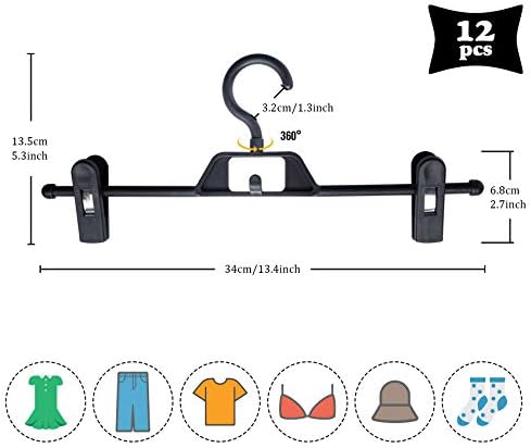 ilauke 12 Pack Trouser Hangers Skirt Hangers Black Plastic Clothes Hangers with Strong Non-slip Adjustable Clips, 360° Hook, Hangers for Skirts, Jeans, Slacks